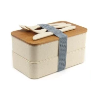 علب بلاستيكية (white straw double lunch box with bamboo top lun-wsb)